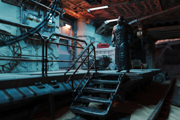 Futuristic afrcian man stands in industrial setting
