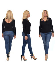 back, front and side view of same woman with jeans and heeled shoes on white background