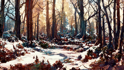 Panorama of winter forest scene illustration Generative AI Content by Midjourney