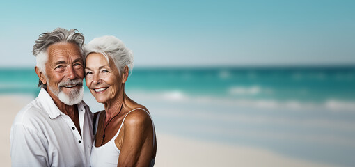 A fictional happy retired woman and man hugging on the beach on sunny day with blue sky, ai generative illustration.