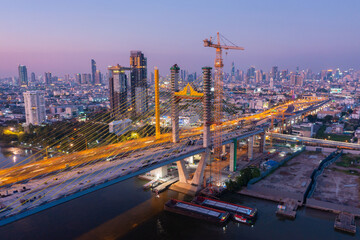 Aerial view Construction of Rama 9 Bridge which was completed in 2024and Rama 3 Expressway - Dao...