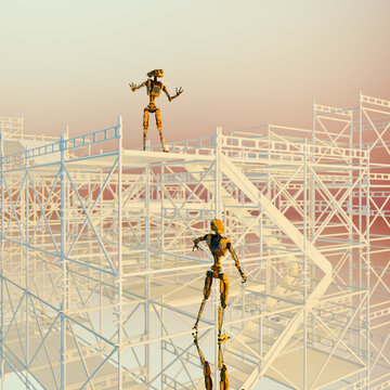 Robots building scaffold tower