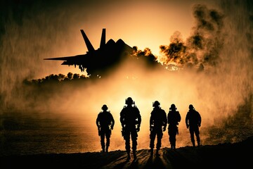 Fototapeta na wymiar Silhouette of soldiers with military aircraft on sunset background. Military concept generative ai