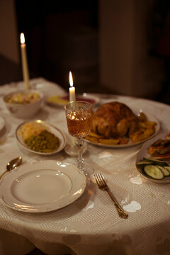 laid festive table with chicken