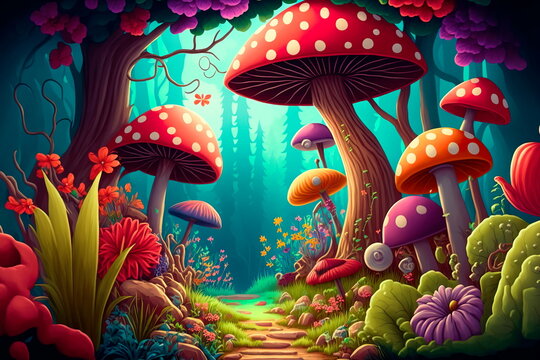 Fantastic Wonderland Forest Landscape With Mushrooms And Flowers.