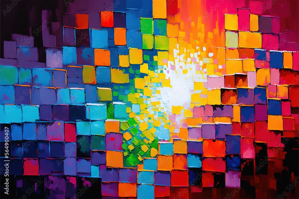 Poster a painting of a colorful abstract background with squares and a sunburst in the center of the image,