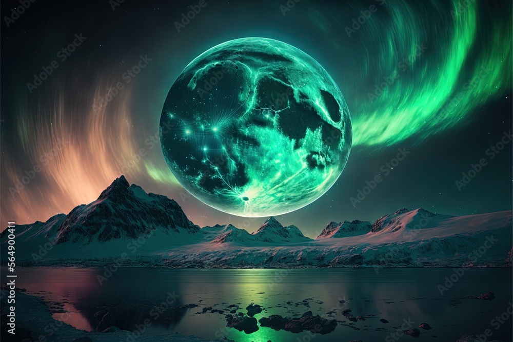 Poster a green and black picture of a planet with a sky background and a mountain range in the foreground a