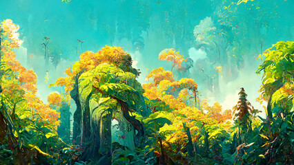 Fototapeta na wymiar Rainforest forest in the sunny morning illustration Generative AI Content by Midjourney