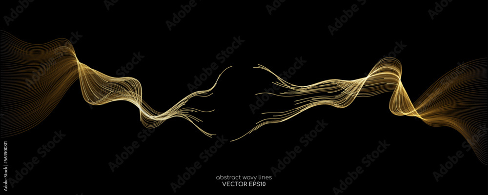 Poster Vector wave lines smooth flowing dynamic gold gradient light isolated on black background for concept of luxury, technology, digital, communication, science, music
