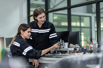 Team woman of engineers practicing maintenance Taking care and practicing maintenance of old machines in the factory so that they can be used continuously.