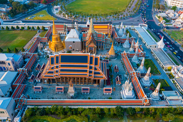 Fototapeta na wymiar Aerial view of the Temple of the Emerald Buddha grand palace, most famous landmark of Bangkok, Thailand
