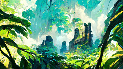 Tropical Rainforest forest Maya ancient culture illustration Generative AI Content by Midjourney