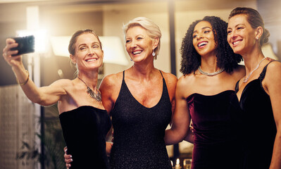 Smile, selfie or senior women in a party in celebration of goals or new year at fancy luxury event....