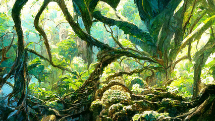 Tropical Rainforest forest Maya ancient culture illustration Generative AI Content by Midjourney