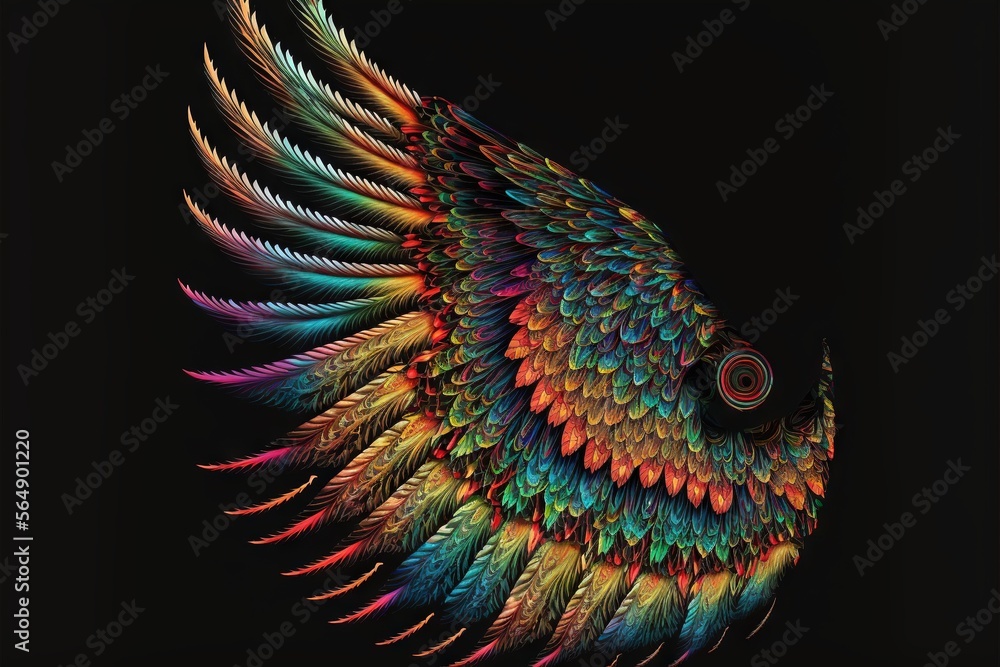 Poster a colorful bird with wings spread out on a black background with a black background and a black back