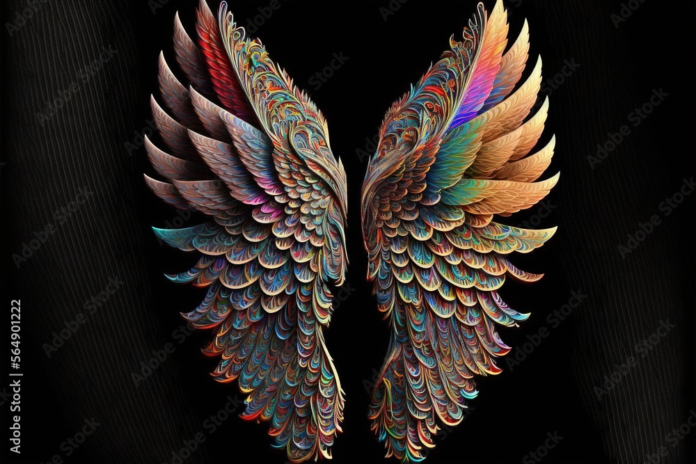 Poster a pair of colorful wings on a black background with a black background behind it and a black backgro