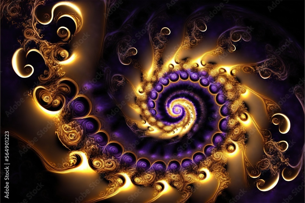 Poster  a computer generated image of a spiral design in purple and gold colors with a black background and a white center in the center of the image is a spiral design with a blue center and.