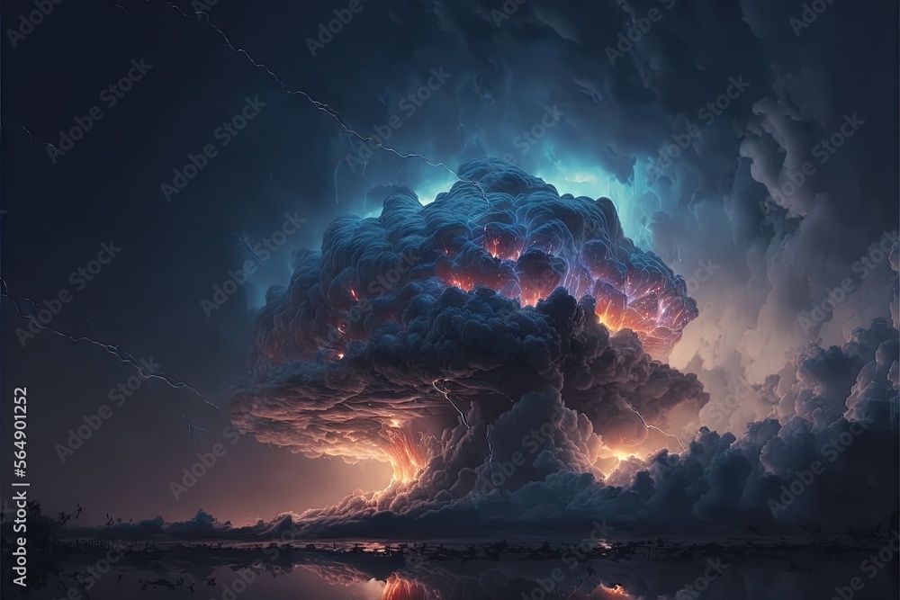 Poster a very large cloud with a lot of lights in it's center and a reflection in the water below it in the