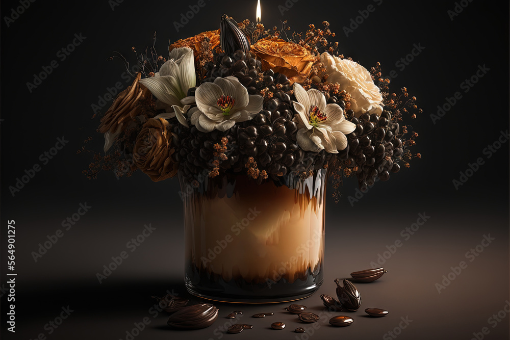 Poster  a candle that is lit with flowers in a vase of chocolates and nuts on a table with a dark background and a few scattered seeds around it, and a few flowers on the.