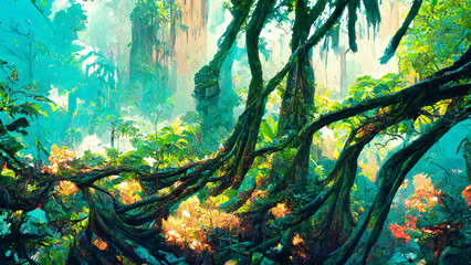Tropical Rainforest forest Maya ancient culture illustration Generative AI Content by Midjourney