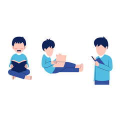 Fototapeta premium Set Of Little Boy Character Reading Book