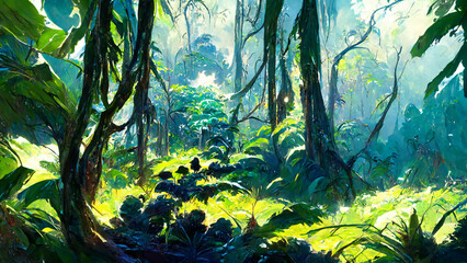 Fototapeta na wymiar Tropical Rainforest Landscape Tropical forest in the illustration Generative AI Content by Midjourney