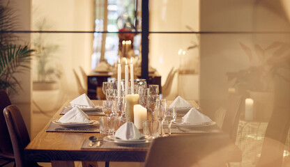 Restaurant, fine dining or table in dinner celebration, birthday or new years party at luxury social event. Empty, nobody or decoration with champagne drinks or wine glasses at dinner gala on holiday