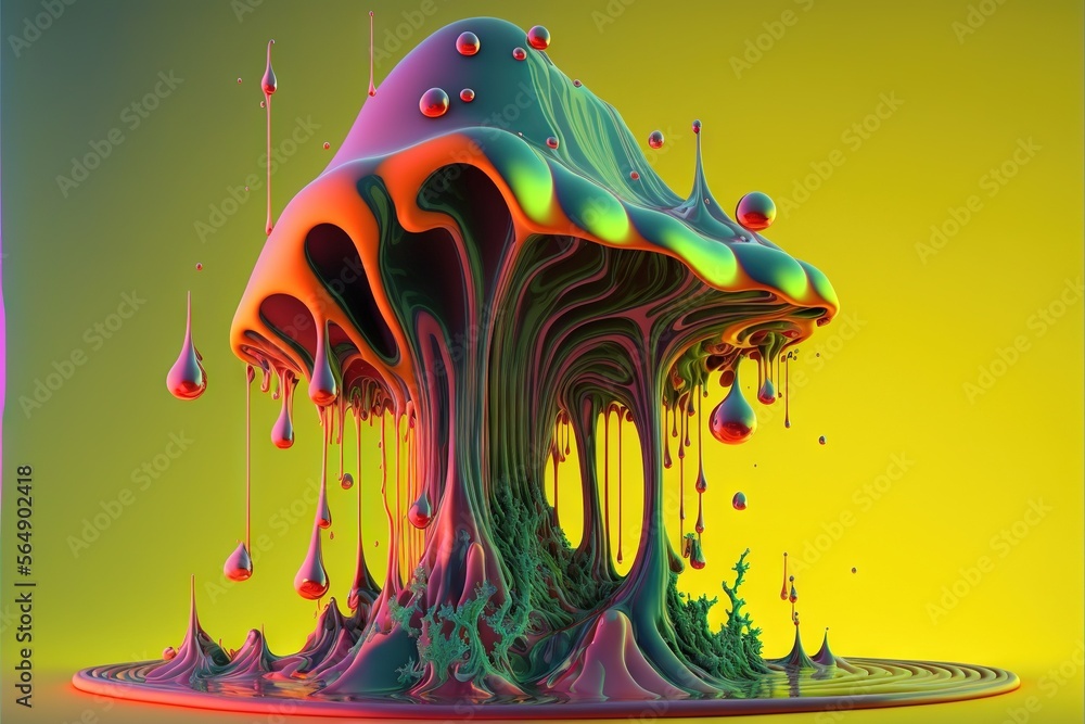 Poster a colorful liquid filled cake with drops of liquid on it's surface and a yellow background with a gr
