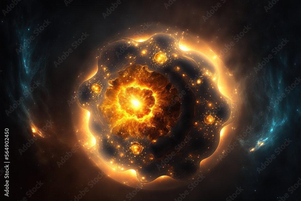 Poster a computer generated image of a star in space with a bright center surrounded by smaller stars and a