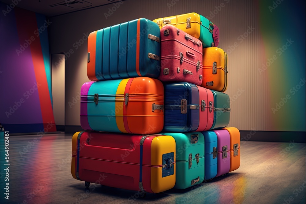 Poster a stack of colorful suitcases sitting on top of a hard wood floor in a room with a wall in the backg