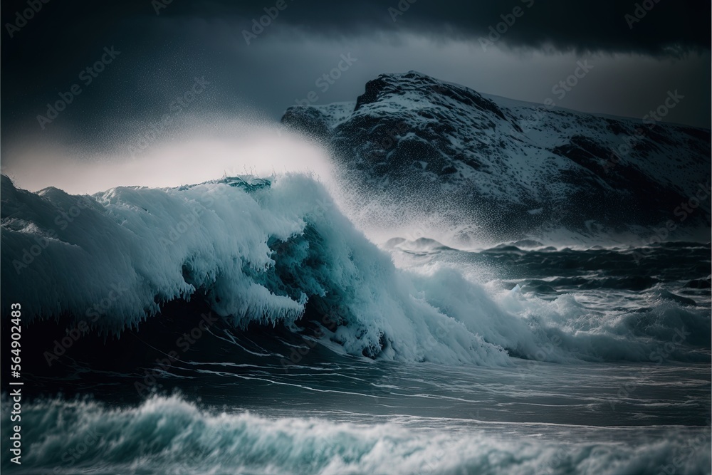 Poster a large wave crashing into the shore of a beach with a mountain in the background in the ocean with 