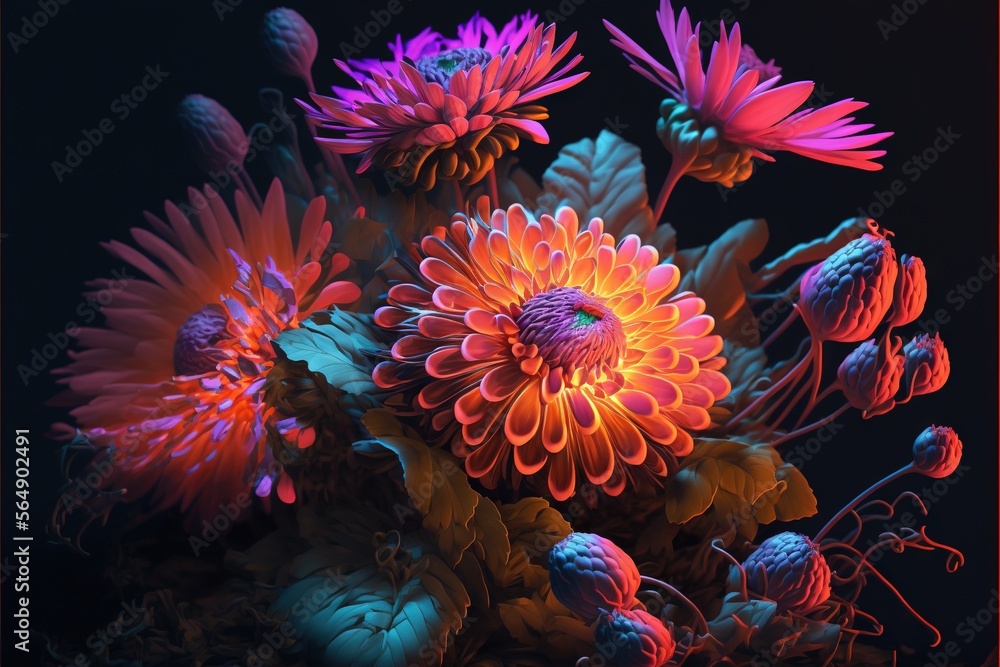 Poster a bunch of flowers that are in a vase on a table with a black background and a red frame around the 