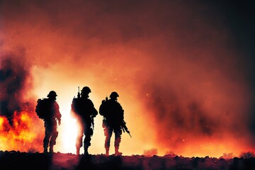 Fototapeta premium Silhouette of soldiers with military aircraft on sunset background. Military concept 