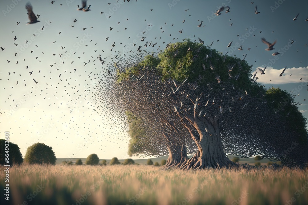 Poster a flock of birds flying over a tree in a field of grass and trees with a sky background and a sunlit