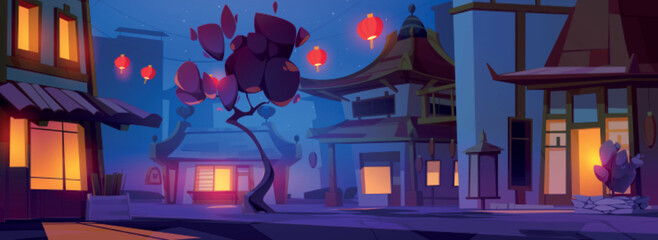 Chinese street at night. Vector cartoon illustration of small Asian evening town or village with oriental style architecture, cozy illuminated buildings, traditional red lanterns. Chinatown district