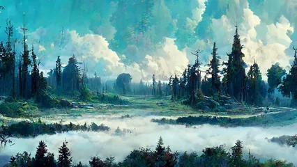 Fototapete Wald im Nebel Panorama of foggy forest. in a misty day illustration Generative AI Content by Midjourney