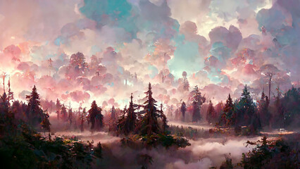 Panorama of foggy forest. in a misty day illustration Generative AI Content by Midjourney