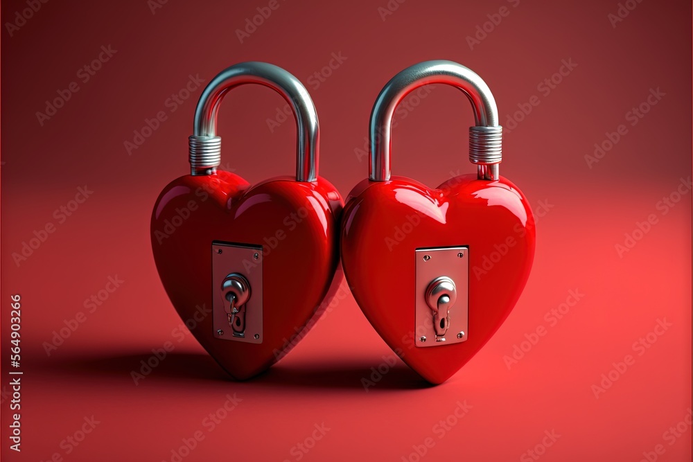 Poster two red heart shaped locks on a red background with a red background and a red background with a red