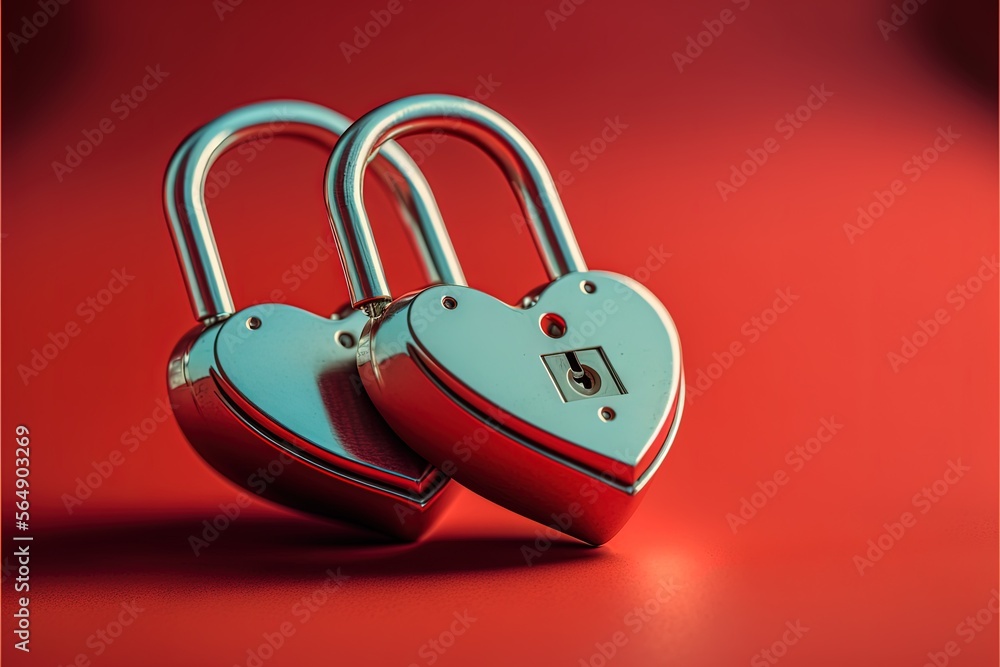 Poster two heart shaped padlocks on a red background with a red background behind them and a red background