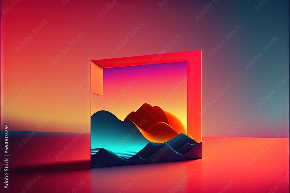 Poster  a picture of a mountain and a sunset in a frame with a red and blue background and a pink and orange background with a red and blue border and yellow border with a red border.