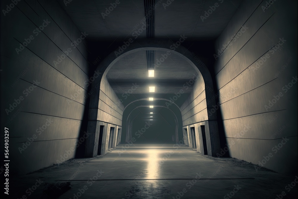 Poster a tunnel with a light at the end of it and a long hallway leading to the end of the tunnel is empty 