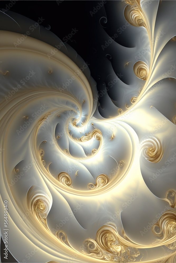 Poster  a computer generated image of a spiral design in white and gold colors with a black background and a black background with a white and gold spiral design in the middle of the center of the.