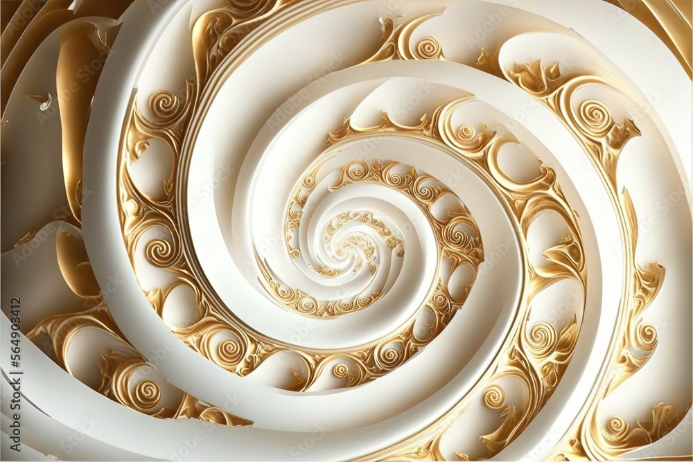 Poster a spiral of white and gold with a gold background and a gold spiral in the middle of the image is a 