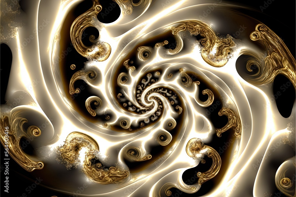 Poster a computer generated image of a spiral design in gold and white colors with a black background and a
