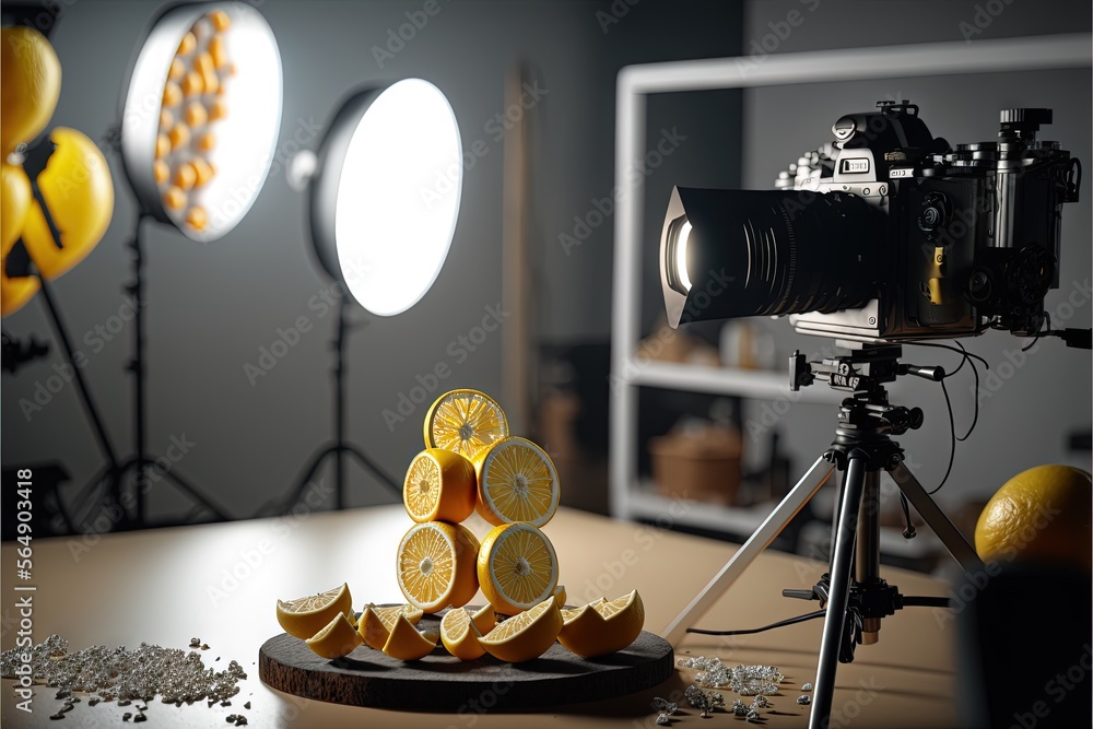 Poster a camera is set up to take a picture of lemons on a table with a camera and a light behind it, with 