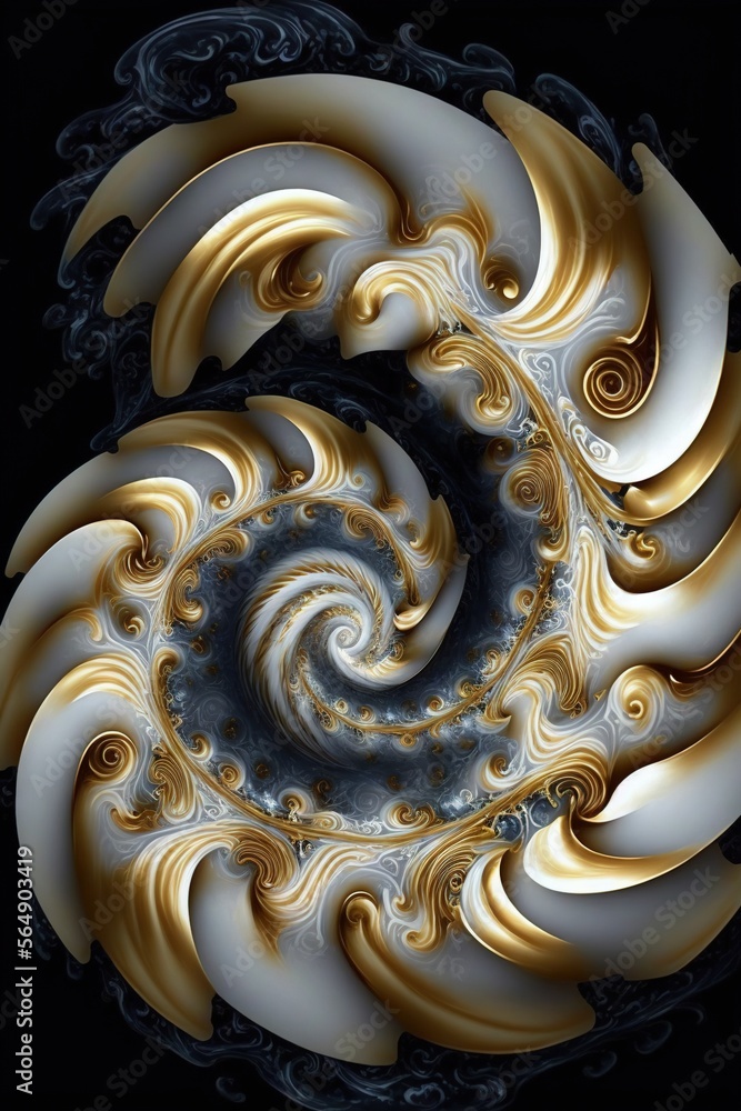 Poster a computer generated image of a spiral design in gold and white on a black background. generative ai