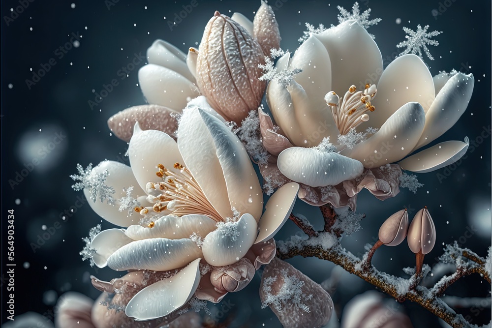 Poster  a painting of a flower with snow on it's petals and leaves on a branch with snow flakes on it's petals and a dark background with snowing droplets on the branches.