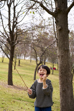 Little Asian boy, playing in the autumn forest