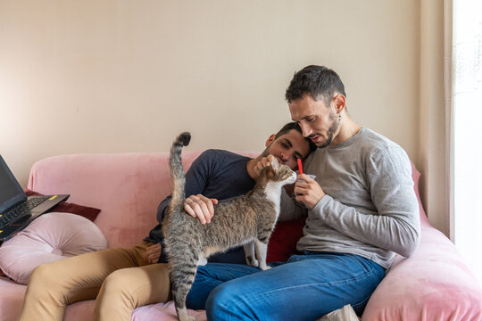 Gay Couple With Cat On The Couch.