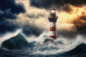 Fototapeta na wymiar Lighthouse in the storm at night, ocean waves, dark cloudy sky, Generative AI